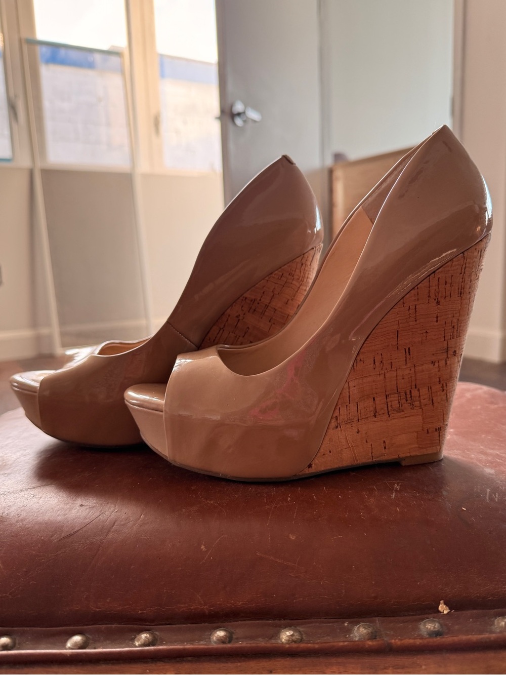 Jessica Simpson Nude Bethani Patent Cork Wedge Heels Peep Toe Platform Pumps